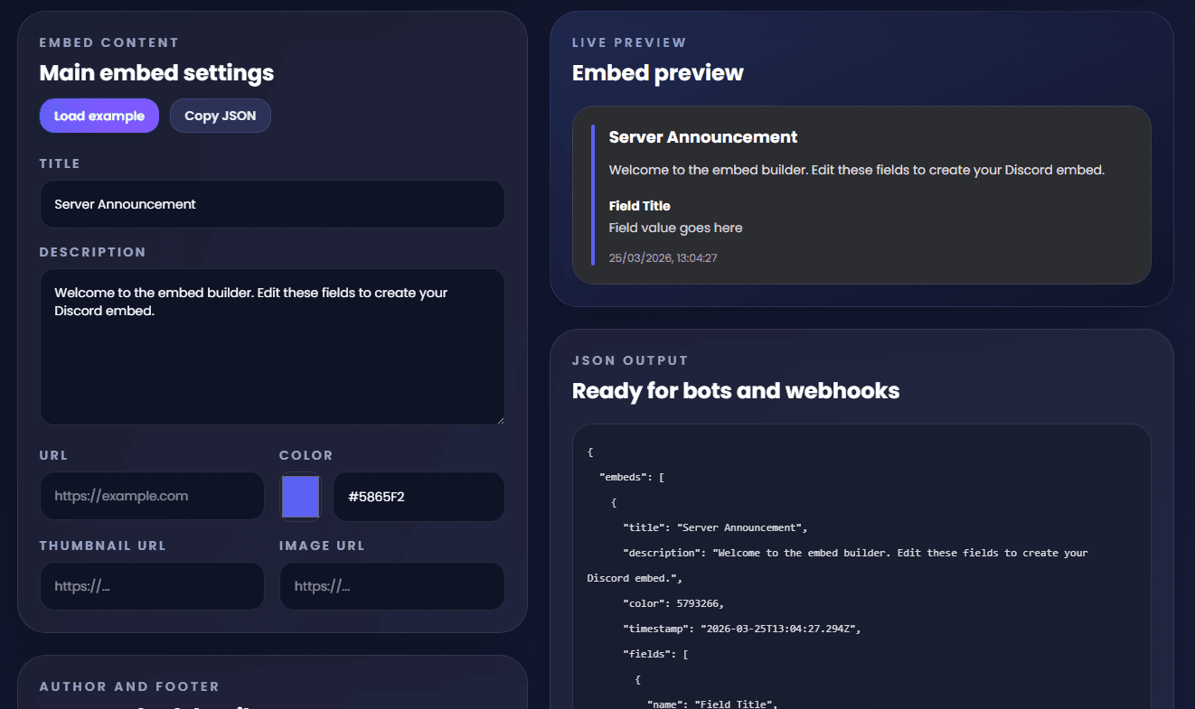 Discord embed builder showing live embed preview, fields, colors, and exported JSON