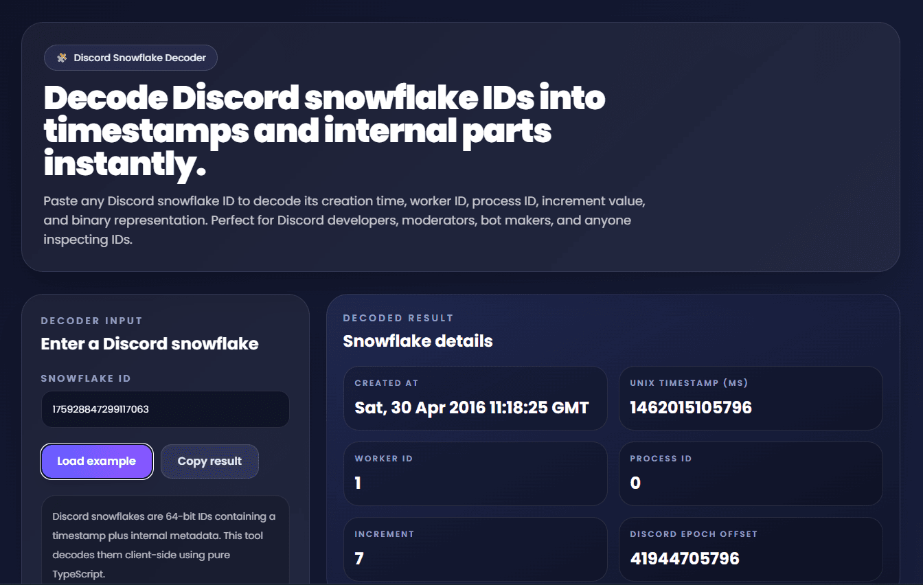 Discord snowflake decoder showing decoded timestamp, worker ID, process ID, and binary output