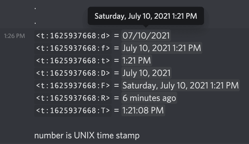 Discord timestamp generator showing date input, timestamp formats, and preview output