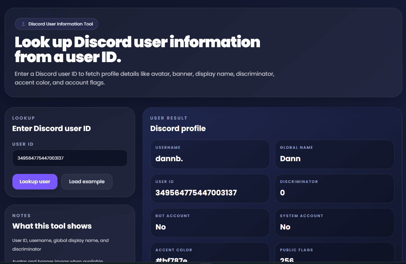Discord user information tool showing profile picture, banner, user ID, username, and profile details