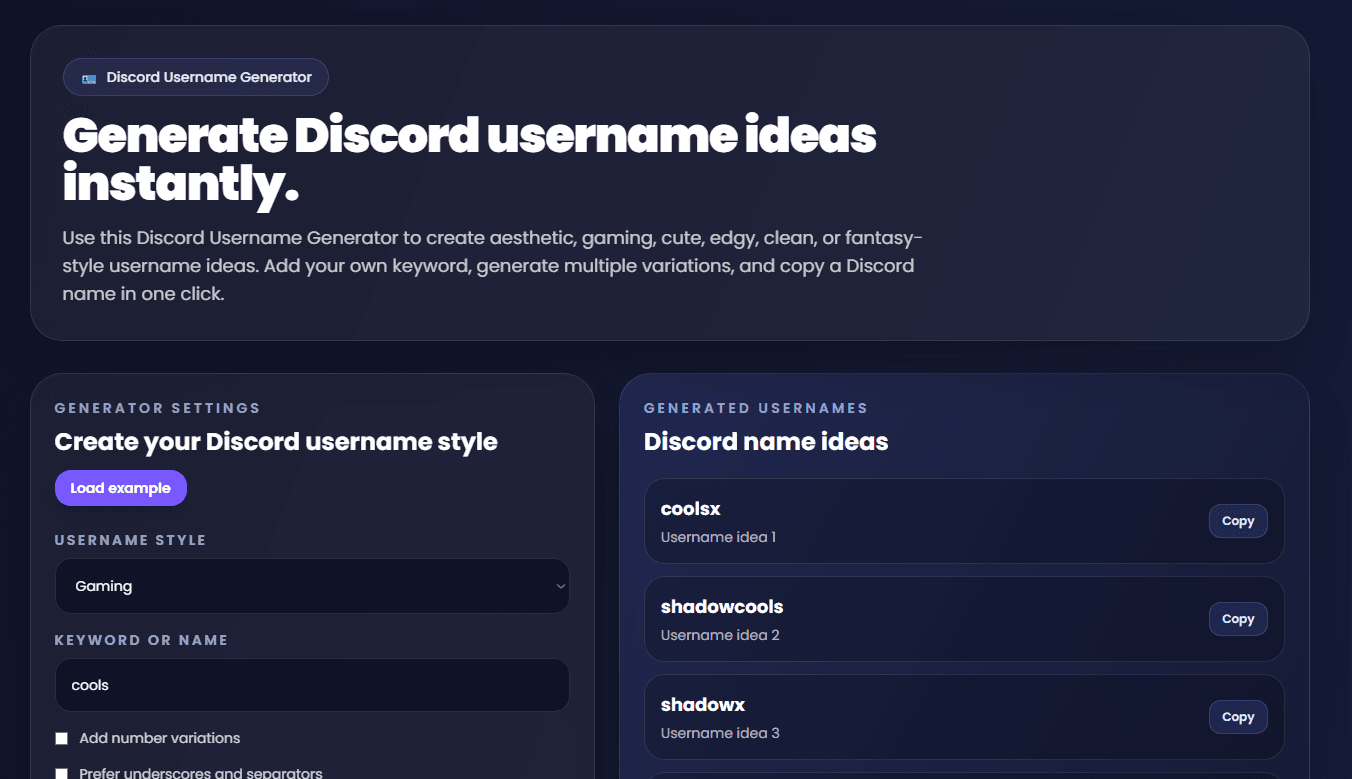 Discord username generator showing generated name ideas in multiple styles
