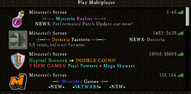 Minecraft server MOTD preview showing coloured text in the multiplayer server list