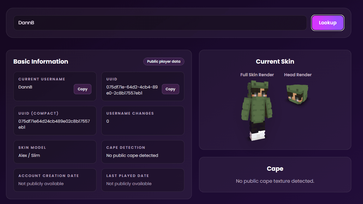 Minecraft player skin and UUID lookup interface showing username history and skin preview
